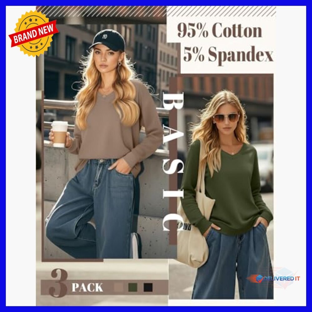 3 Pack Long Sleeve V-Neck Sweatshirts Cotton Loose Fit Casual Tops - Picture 5 of 6